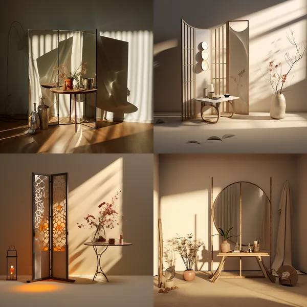 /imagine A room divider with fragrance device and a mirror with a little foldable table on it , about light and shadow, healing  --relax --aspect 1:1 --version 5.2 --quality 1 --stylize 100