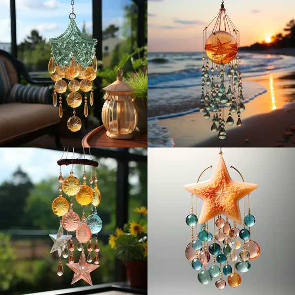 /imagine A star sea wind chime, there are many stars, 1 moon moon, wave elements, is made of blue, pink, lemon yellow, green crystal material, white background --relax --aspect 1:1 --version 5.2 --style raw --quality 2 --stylize 750