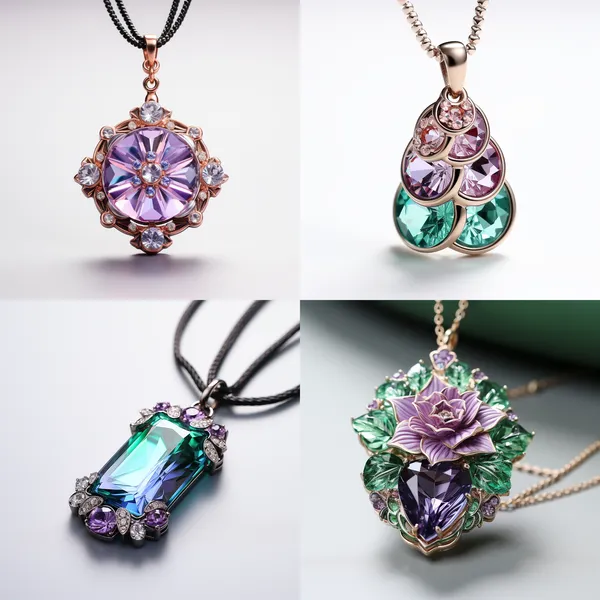 /imagine A rectangular pendant, the material of the pendant is white transparent crystal, crystal inlaid with 5 hexagonal laser green sequins, 2 rectangular laser purple diamonds, 2 water drop type transparent diamonds, inlaid things are small, white background color --relax --aspect 1:1 --version 5.2 --style raw --quality 2 --stylize 750