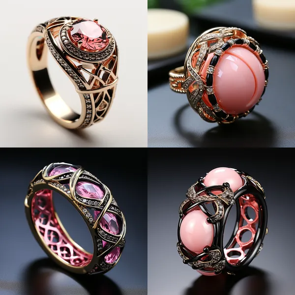 /imagine A ring, the main color is pink, the main elements are hollow black fishing net, black beads, all elements are very small, modern fashion style, the main material is metal and crystal --fast --aspect 1:1 --version 5.2 --style raw --quality 2 --stylize 750