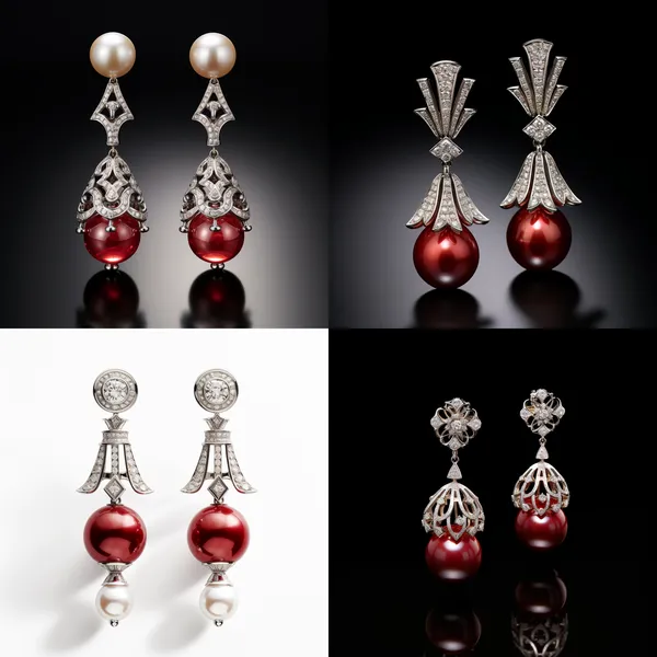 /imagine A pair of bell earrings made of red gemstones and white pearls, the metal is platinum, and the earrings are suspended in the air --relax --aspect 1:1 --version 5.2 --quality 1 --stylize 100