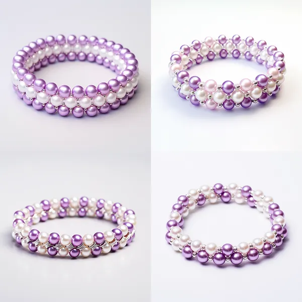/imagine Bracelet made of 100 small white and purple pearls on a white background --relax --aspect 1:1 --version 5.2 --quality 1 --stylize 100