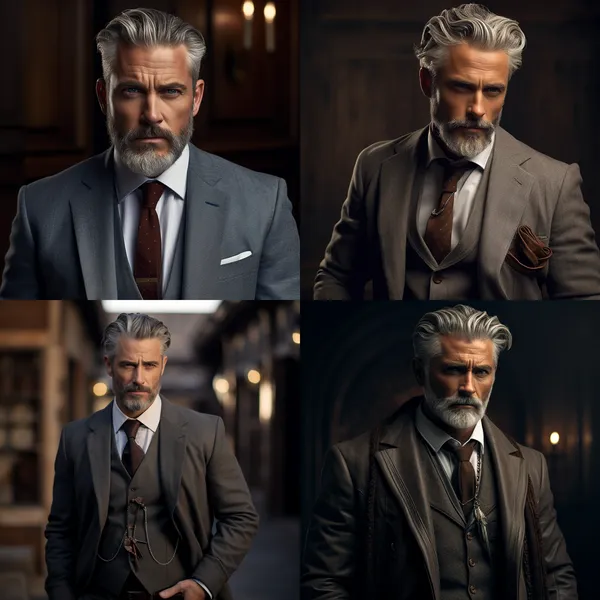 /imagine A Man with grey hair and grey short beard，Western suit， classicofficice