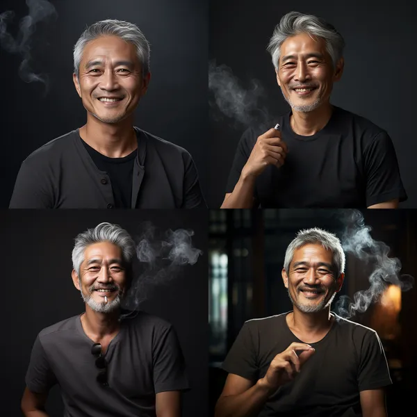 /imagine mid age asian male with grey hair and brown t-shirt smoking and smiling --relax --aspect 1:1 --version 5.2 --quality 2 --stylize 100