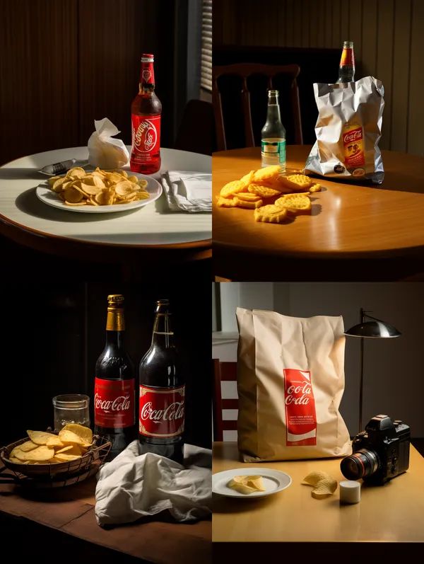 /imagine A bag of potato chips and a bottle of Coke are placed on the table, real picture, 15 mm Lens，F/2.8，Michelin star --relax --aspect 3:4 --version 5.2 --style raw --quality 1 --stylize 80