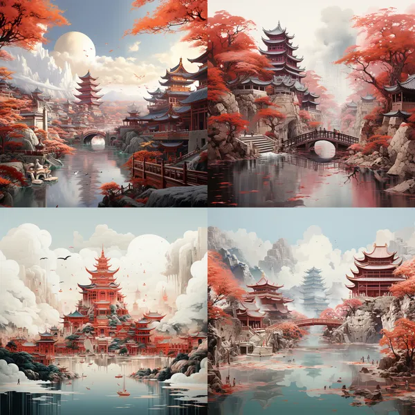 /imagine 中国古代建筑立体红色，白色背景 --fast --aspect 1:1 --version 5.2 --quality 1 --stylize 250