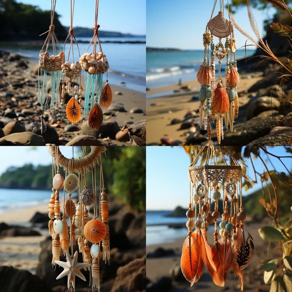 /imagine A string of wind chimes with starfish, shells, colored stones, and white goose feathers --relax --aspect 1:1 --version 5.2 --style raw --quality 2 --stylize 750