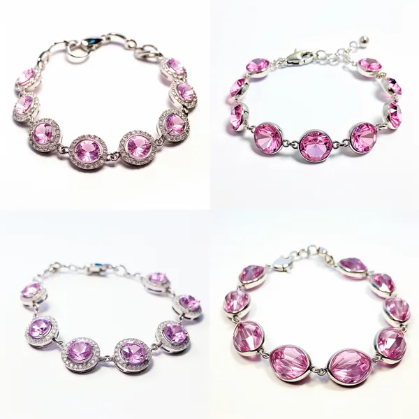 /imagine Pink crystal bracelet, the bracelet has only five pink purple round crystals, the crystals are arranged in a row of circular arcs, the largest one in the middle of the five crystals, the link to the crystal is a very thin chain, the chain is metal, white background --relax --aspect 1:1 --version 5.2 --quality 1 --stylize 100