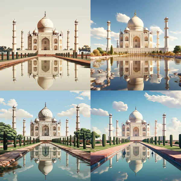 /imagine Taj Mahal, blank background

 --fast --aspect 1:1 --version 5.2 --quality 1 --stylize 250