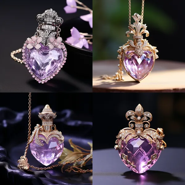 /imagine A perfume bottle pendant, made of metal and precious stones, the pendant is shaped like a high-end perfume bottle, the mouth of the bottle is made of diamonds, a lavender heart complete gem inside the bottle is set with 10 transparent diamonds in the shape of rice grains, the whole pendant is mainly made of diamonds, exquisite and elegant, the pendant background is white, the whole is Miss Chanel style --relax --aspect 1:1 --version 5.2 --quality 1 --stylize 100