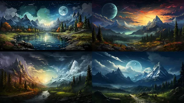 /imagine A forest, two mountain peaks, a road, and a starry sky. --relax --aspect 16:9 --version 5.2 --quality 1 --stylize 750