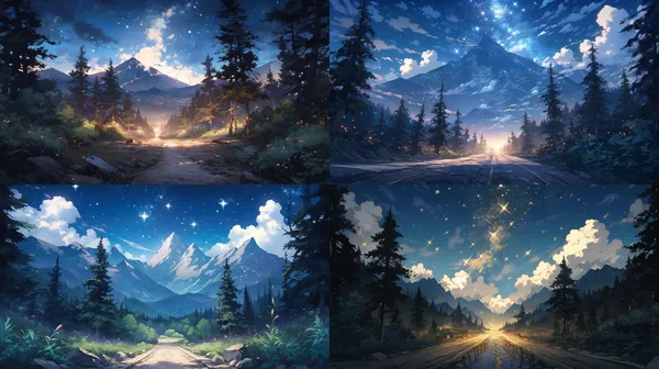 /imagine A forest, two mountain peaks, a road, and a starry sky.  --relax --aspect 16:9 --niji 5 --quality 1 --stylize 750