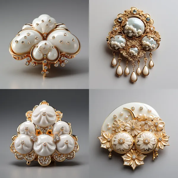 /imagine An irregular cloud shape brooch, the whole brooch is made of mica, the thickness of the whole brooch is less than 5mm, the whole cloud shape brooch is gilt milk white, the cloud shape brooch above 3 elements, 3 elements are inlaid on the cloud brooch, The three elements are raindrops and heart shapes and lightning elements, which are embedded throughout the cloud pendant, The raindrop above is a blue crystal material with a diameter of 1 mm, the heart shape above is a pink crystal material with a diameter of 2 mm, the lightning bolt above is a gold material with a diameter of 1 mm, there are 3 raindrops, there are two hearts, and 1 lightning bolt, the raindrop and heart shape elements and lightning are irregularly distributed on the cloud shape pendant, the whole cloud shape pendant is made of mica material The cloud shape pendant is small and lovely, the main color is milk white --relax --aspect 1:1 --version 5.2 --style raw --quality 2 --stylize 750