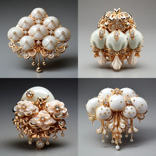 /imagine An irregular cloud shape brooch, the whole brooch is made of mica, the thickness of the whole brooch is less than 5mm, the whole cloud shape brooch is gilt milk white, the cloud shape brooch above 3 elements, 3 elements are inlaid on the cloud brooch, The three elements are raindrops and heart shapes and lightning elements, which are embedded throughout the cloud pendant, The raindrop above is a blue crystal material with a diameter of 1 mm, the heart shape above is a pink crystal material with a diameter of 2 mm, the lightning bolt above is a gold material with a diameter of 1 mm, there are 3 raindrops, there are two hearts, and 1 lightning bolt, the raindrop and heart shape elements and lightning are irregularly distributed on the cloud shape pendant, the whole cloud shape pendant is made of mica material The cloud shape pendant is small and lovely, the main color is milk white --relax --aspect 1:1 --version 5.2 --style raw --quality 2 --stylize 750