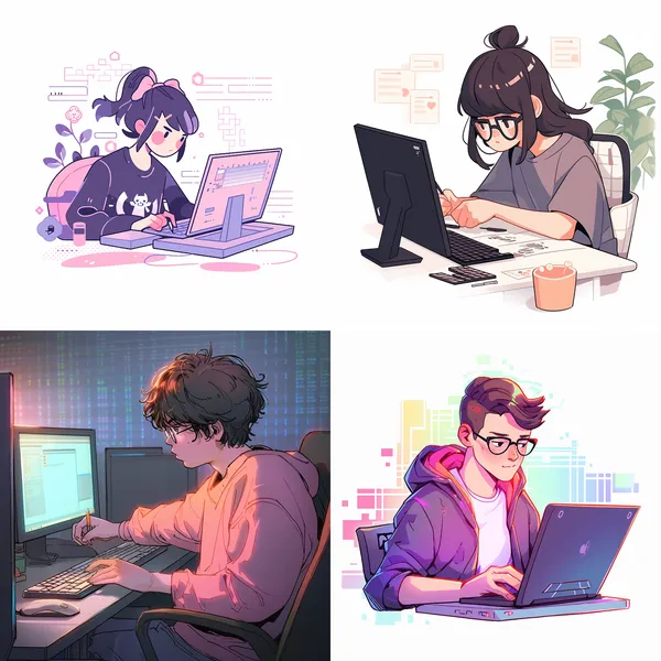 /imagine A front-end developer is writing code in front of the computer. --fast --aspect 1:1 --niji 5 --quality 1 --chaos 1 --stylize 100