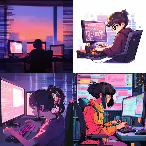 /imagine A front-end developer is writing code in front of the computer. --fast --aspect 1:1 --niji 5 --quality 1 --chaos 1 --stylize 100