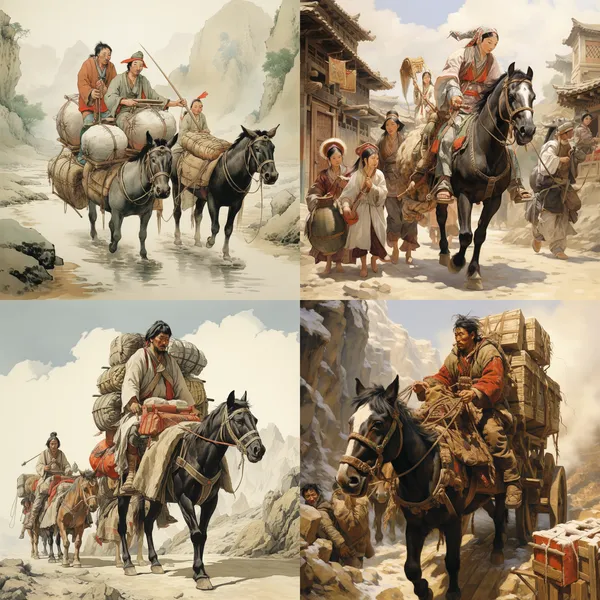 /imagine Some ancient Chinese people rode horses to carry goods to the West --relax --aspect 1:1 --version 5.2 --quality 2 --stylize 100