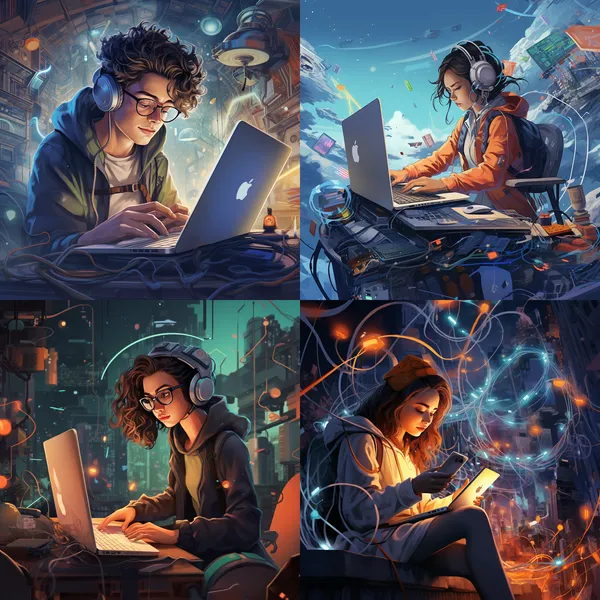 /imagine Technology-themed illustrations --relax --aspect 1:1 --version 5.2 --quality 1 --stylize 100