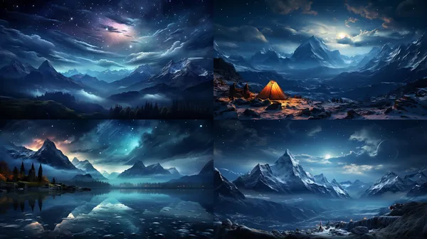 /imagine Bright and colorful starry sky, mountain peaks. --relax --aspect 16:9 --version 5.2 --style raw --quality 1 --stylize 750