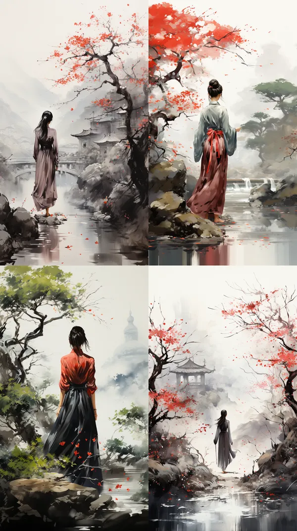 /imagine The beautiful figure of a Chinese nun standing in the courtyard admiring flowers, with a splash-ink landscape painting style, simple composition, and a distant artistic conception. --relax --aspect 9:16 --version 5.2 --style raw --quality 2 --stylize 750