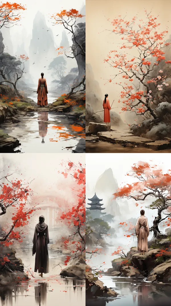 /imagine The beautiful figure of an ancient Chinese bald nun standing alone in the courtyard admiring flowers, with a splash-ink landscape painting style, simple composition, and a distant artistic conception. --relax --aspect 9:16 --version 5.2 --style raw --quality 2 --stylize 750