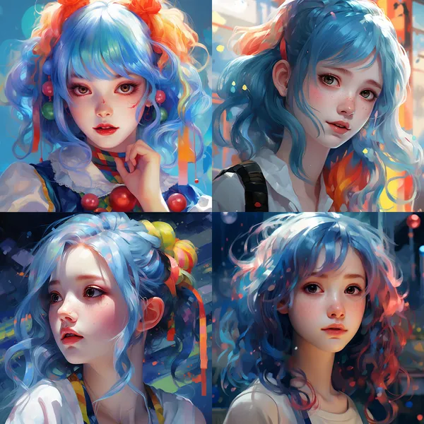 /imagine a blue, girl with colorful hair, in the style of yanjun cheng, clowncore, 32k uhd, painted illustrations, close up, lively tableaus, kawaii art HD 8K wechat profile --relax --aspect 1:1 --version 5.2 --quality 1 --stylize 100