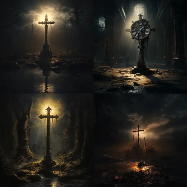 /imagine Ancient times, cross, dark light --relax --aspect 1:1 --version 5.2 --quality 1 --stylize 100