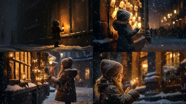 /imagine In the snowy streets of Europe at night, the little girl selling matches collapses by the wall. --relax --aspect 16:9 --version 5.2 --style raw --quality 2 --stylize 100