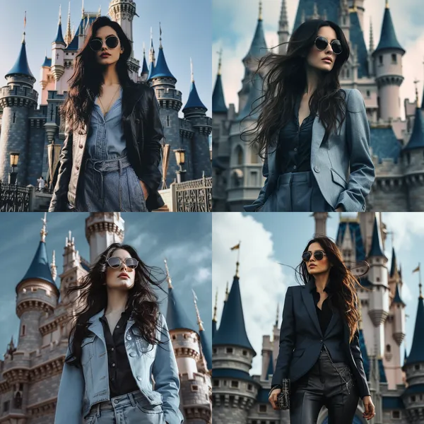 /imagine A girl with long black hair and glasses wearing a cashmere denim suit and high heels stands in front of the Disney Castle. --relax --aspect 1:1 --version 5.2 --quality 1 --stylize 100