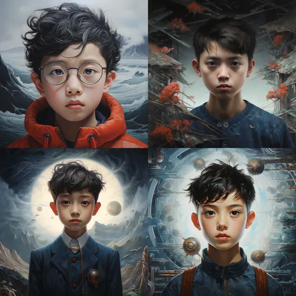 /imagine 戴眼镜的小男孩，日系，刘海，幼态，神态冷峻，可爱 --relax --aspect 1:1 --version 5.2 --quality 1 --stylize 100