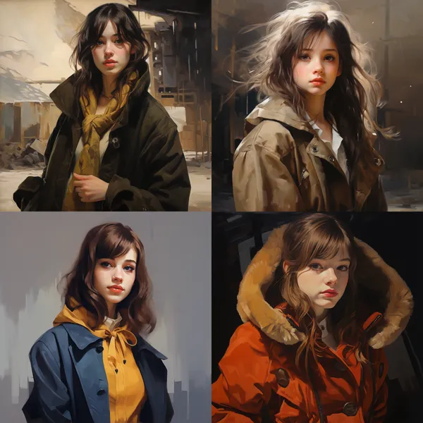 /imagine a girl with coat --relax --aspect 1:1 --version 5.2 --quality 1 --stylize 100