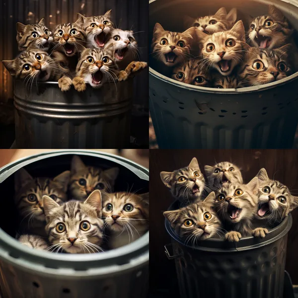 /imagine a shocked cat huddle behind a trash bin
 --relax --aspect 1:1 --version 5.2 --quality 1 --stylize 100