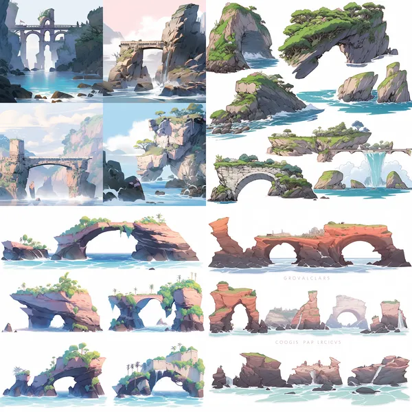 /imagine A comprehensive coastal landform, including sea caves, sea cliffs, sea platforms, sea arch bridges, and sea stacks --relax --aspect 1:1 --niji 5 --quality 1 --stylize 100