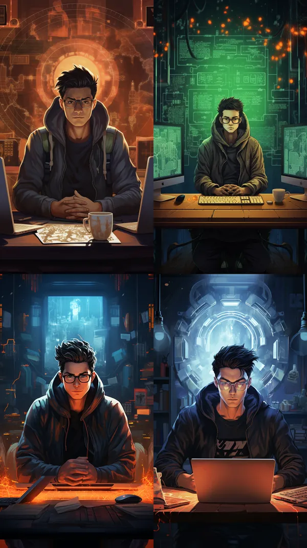 /imagine A hacker sitting at a table with a large screen in the background that reads "Yunshenjia" --relax --aspect 9:16 --version 5.2 --quality 2 --stylize 100