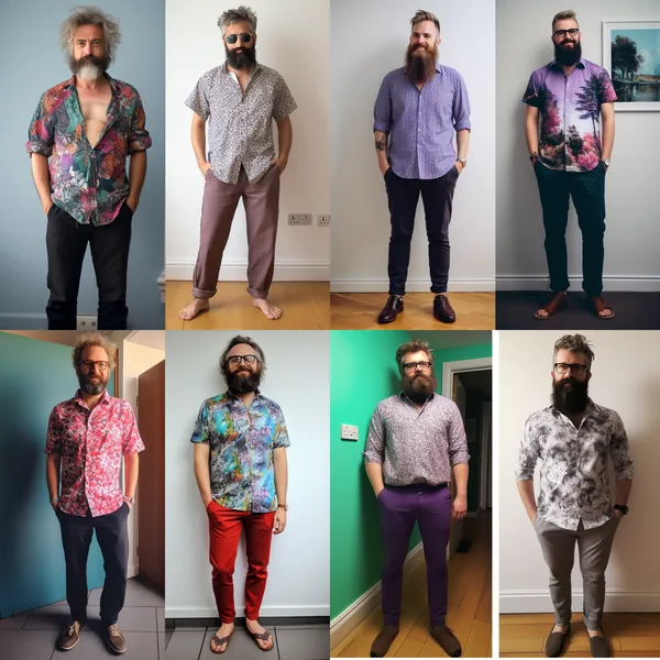 /imagine Same person, before and after grooming, full body image
Before, left: with super Messy hair, beard, pyjamas, flip flop
After, right: smart casual, t shirt, clean, shaved --relax --aspect 1:1 --version 5.2 --quality 1 --stylize 100