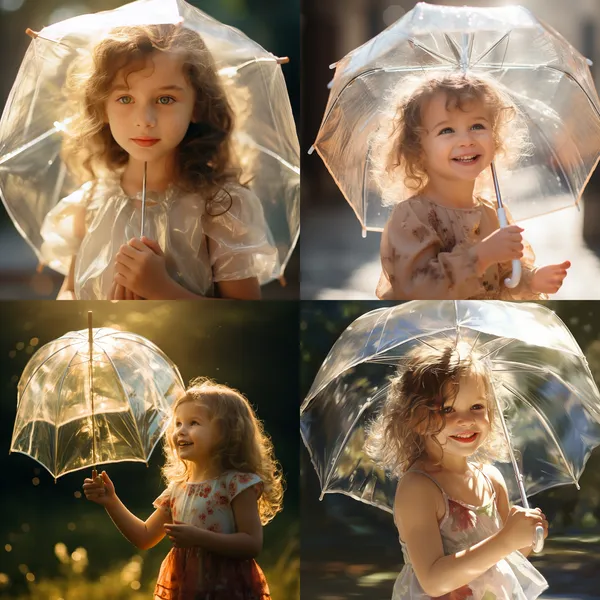 /imagine Little girl holding a transparent umbrella in the sun --relax --aspect 1:1 --version 5.2 --quality 1 --stylize 100