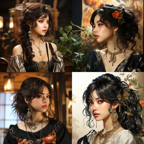 /imagine Side face, half lying appearance, black hair, hair like silk luster, hair slightly curly, half of the face side face, black eyebrows, red eyes, brown pupils, hump nose, red lips, the real skin looks very transparent and white, ears and neck with the same series of earrings and necklace, the style of jewelry is simple and atmosphere, Wearing brown leather + red velvet small dress, the whole picture only face and neck out of the mirror, the sun shines on the forehead, the pores of the face, fluff and fine lines can be seen, the whole background is white --relax --aspect 1:1 --version 5.2 --style raw --quality 2 --stylize 750