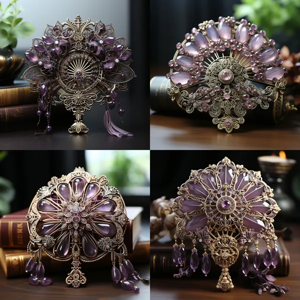 /imagine Fan, pendant, Gothic style, 8 fan bones, princess lace fabric as the fan face, purple gem production, palace pattern as the fan pattern, to do the old background --relax --aspect 1:1 --version 5.2 --style raw --quality 2 --stylize 750