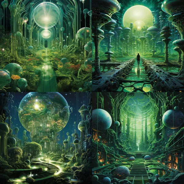 /imagine In a psychedelic world bathed in green light, floating entities and transparent collective forms abound. In the center, a metallic and sharply extravagant font boldly writes "Fantasy Expedition: Sensory Overload." --relax --aspect 1:1 --version 5.2 --quality 1 --stylize 100 --no People