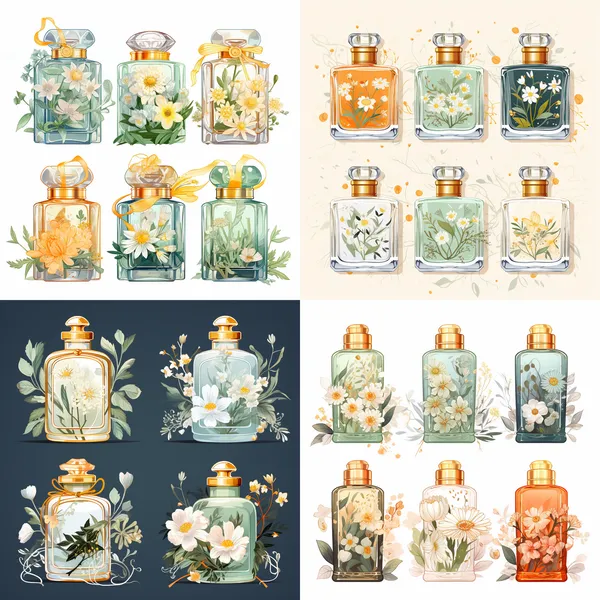 /imagine Pls help me to generate a pattern of perfume bottle and packaging(four scents: osmanthus scent, chamomile scent, fruity scent and sea salt scent),flat illustration, detailed details,Chinese element --relax --aspect 1:1 --version 5.2 --quality 1 --stylize 100