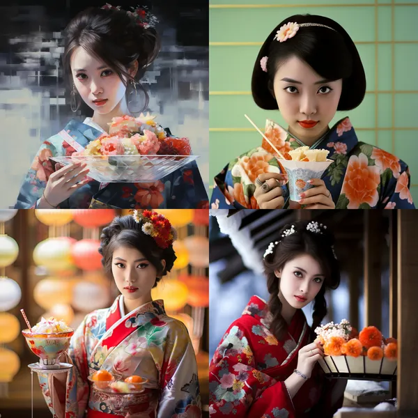 /imagine japanese festival Eating Chop ice kimono girl  --relax --aspect 1:1 --version 5.2 --quality 1 --stylize 100