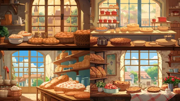 /imagine In the style of Hayao Miyazaki's "Kiki's Delivery Service," a warm bakery scene unfolds with bright windows in the background.，more bread on the table.no people --relax --aspect 16:9 --version 5.2 --style raw --quality 2 --stylize 100 --no people