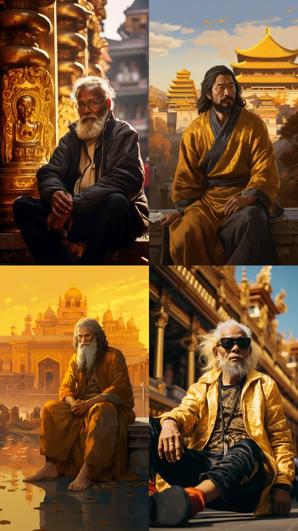 /imagine An old man with black hair sat in front of the golden palace --relax --aspect 9:16 --version 5.2 --quality 2 --stylize 100