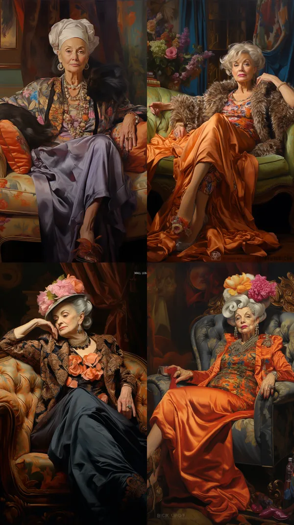 /imagine A rich old lady sitting on the sofa --relax --aspect 9:16 --version 5.2 --quality 2 --stylize 100
