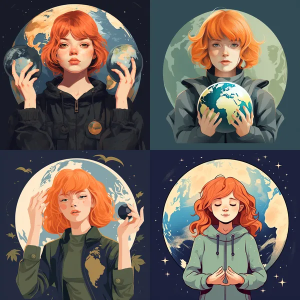 /imagine flat illustration style，A girl with short orange hair，facing right，Look to the upper right，Hold the earth forward with both hands --relax --aspect 1:1 --version 5.2 --quality 1 --stylize 100
