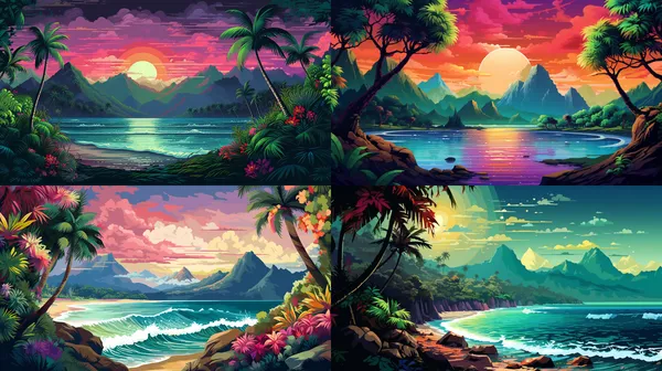 /imagine There are only green trees and mountains and a little beach. The picture style is very colorful, pixel and abstract. --relax --aspect 16:9 --version 5.2 --quality 1 --stylize 100 --no people, houses