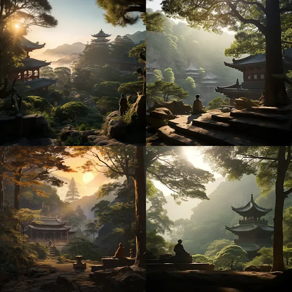 /imagine The scene begins at a tranquil mountain temple, the 'Cizhao Temple,' situated atop a seemingly isolated Jiaoliao Ridge. Surrounding the temple is a lush garden of dense woods, where the trees, bathed in the setting sun, appear even more beautiful, casting long shadows in the sunlight.

In the foreground of the scene, a monk is visible, seated in meditation within the temple's meditation hall, wearing a serene smile. Holding a wooden fish, he quietly chants Buddhist scriptures, expressing a pursuit of Buddhist teachings and inner tranquility. The surrounding natural scenery harmonizes with the spirit of meditation, showcasing the beauty of nature and spiritual harmony. --relax --aspect 1:1 --version 5.2 --quality 1 --stylize 100