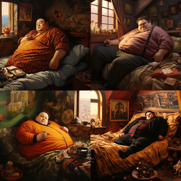 /imagine A fat guy lie on the bed --relax --aspect 1:1 --version 5.2 --quality 1 --stylize 100