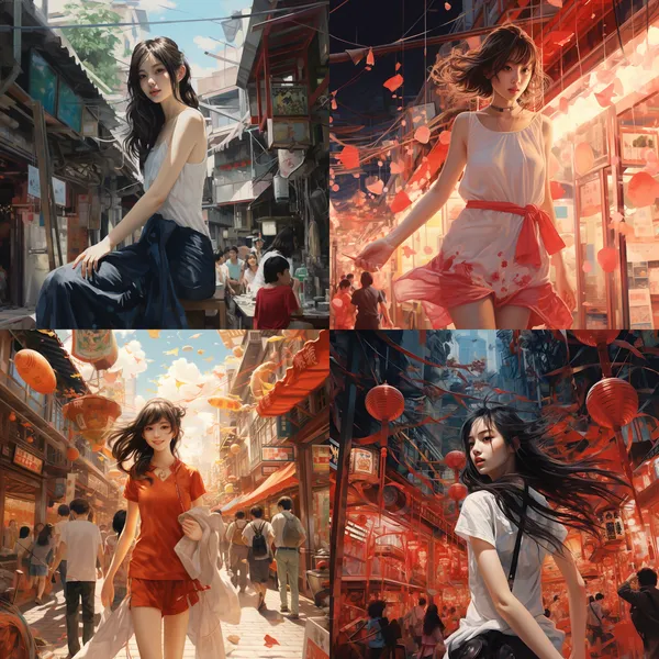 /imagine 夏天街头女孩 --relax --aspect 1:1 --version 5.2 --quality 1 --stylize 100