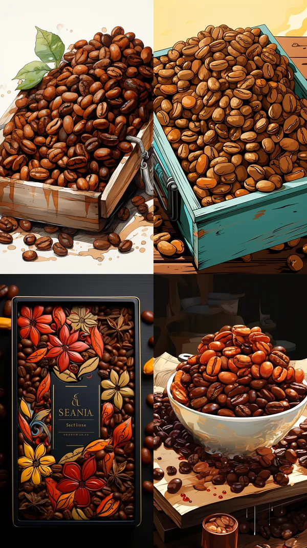 /imagine Illustration of coffee beans on the box --relax --aspect 9:16 --version 5.2 --quality 2 --stylize 750